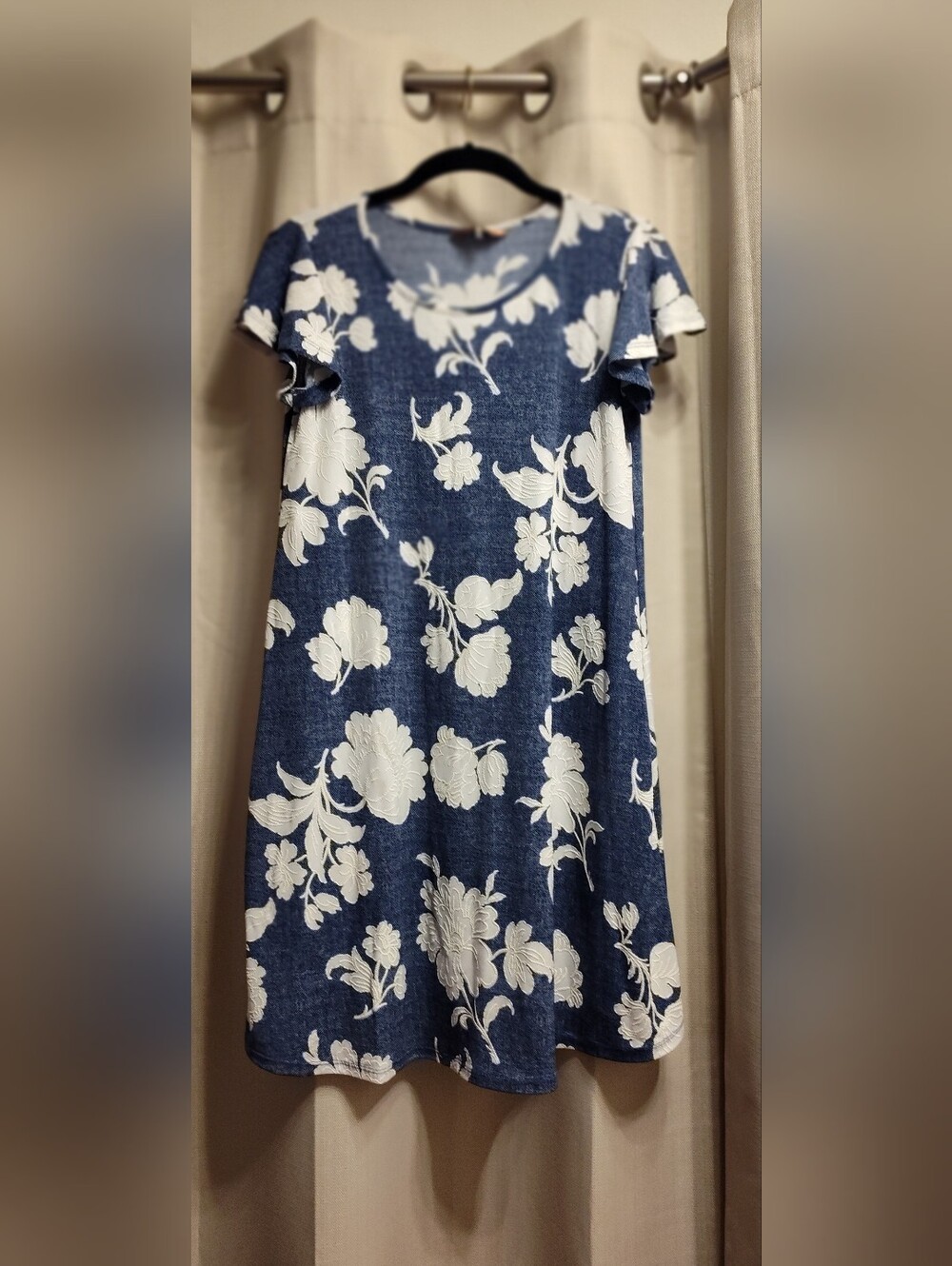 SJS Blue Dress with White Floral Motif Size S
